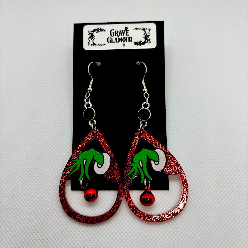 Grinch-Inspired Sparkly Christmas Earrings with Jingle Bell